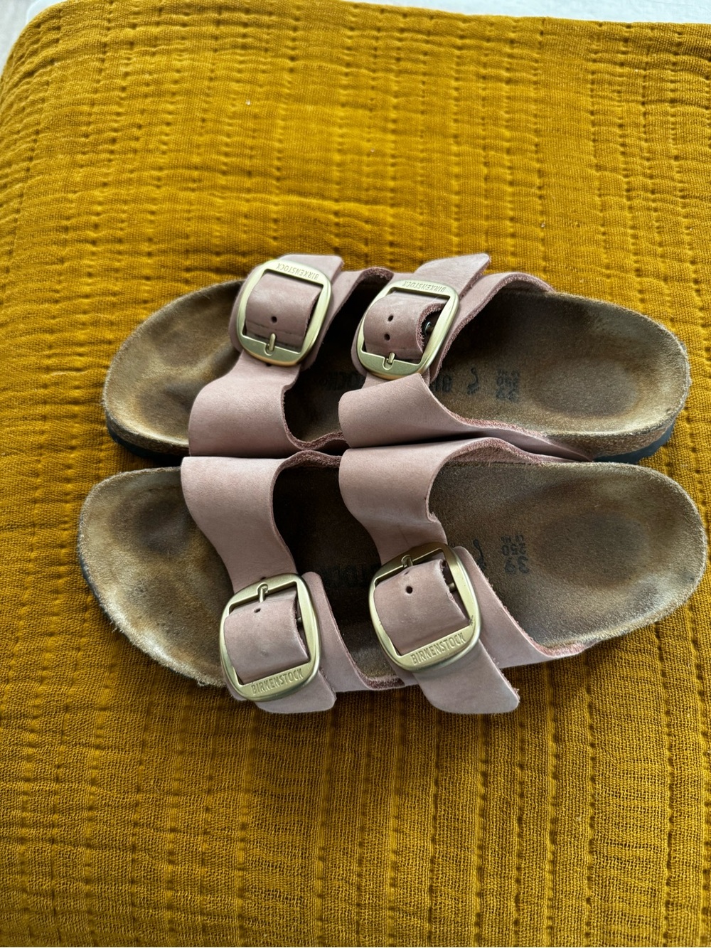 Birkenstock Arizona Double Strap Sandal in Dusty Pink with Gold Buckles
